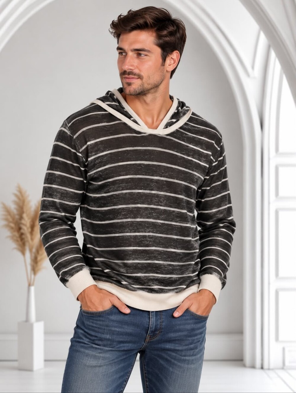 Armani Exchange Striped Brun and White Crewneck Sweater